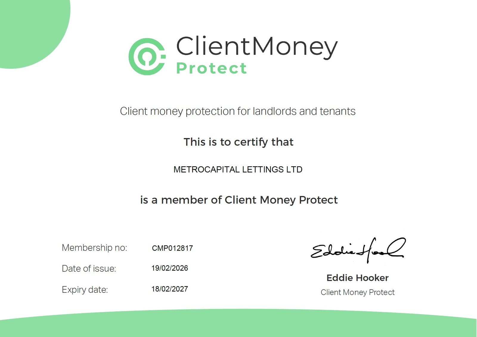 Client Money Protection Certificate